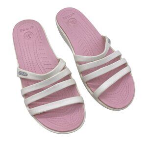 Crocs Rhonda Low Wedge Sandals Women's 8 Strappy Slide Off White Pink 14706